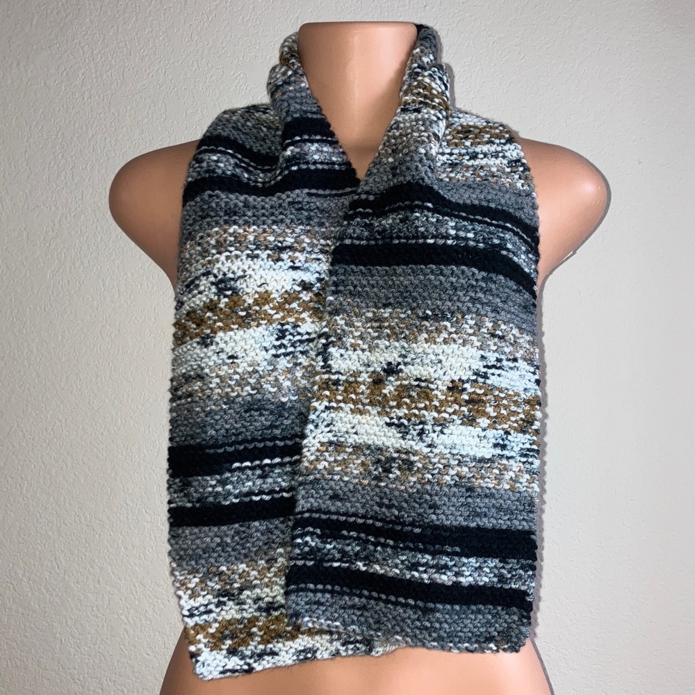 Elegant Hand Knit Multicolor Black White and Brown Thick Scarf